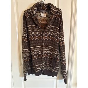Men's Sun & Stone Fair Isle Knit Shawl Collar Cardigan Sweater Brown Large
